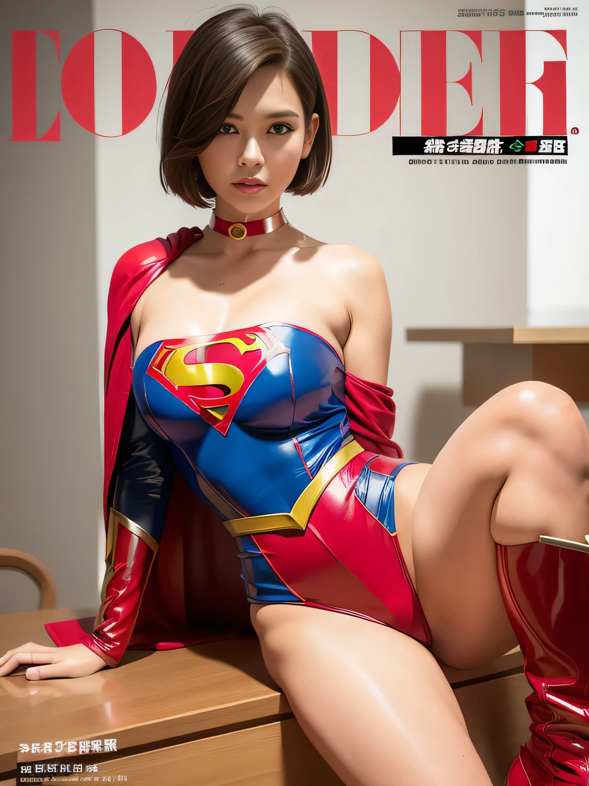 masterpiece、Enamel Supergirl Costume、short hair、operating table、Patent leather boots、Big and ample breasts、choker、Long sleeve、Red mini skirt、Looking at the camera、Off the shoulder、Boasting beautiful legs、Weekly magazine cover、Skin glistening with sweat、