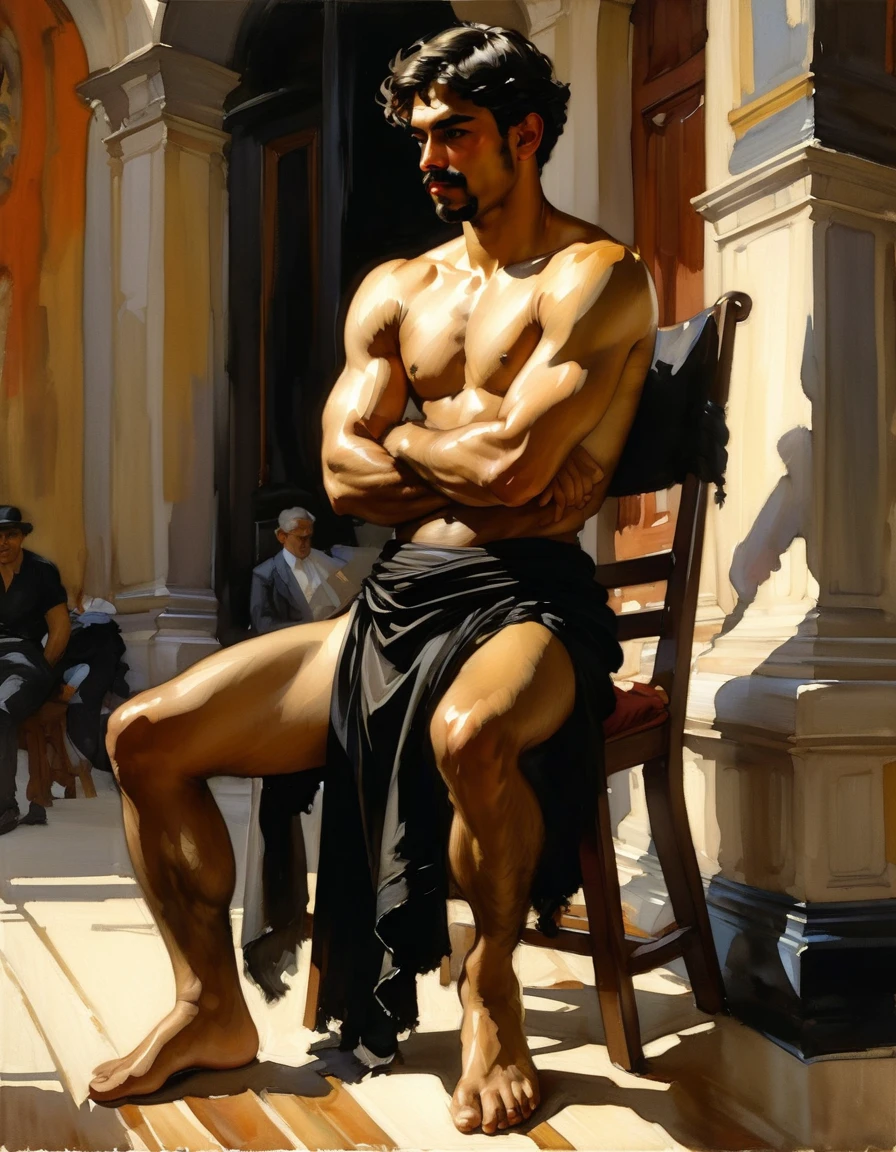 sitting on a chair hugging knees without touching the floor In the iconic art style of joaquin sorolla an henry scott tukei, ((1 man wearing small black loincloth, 
