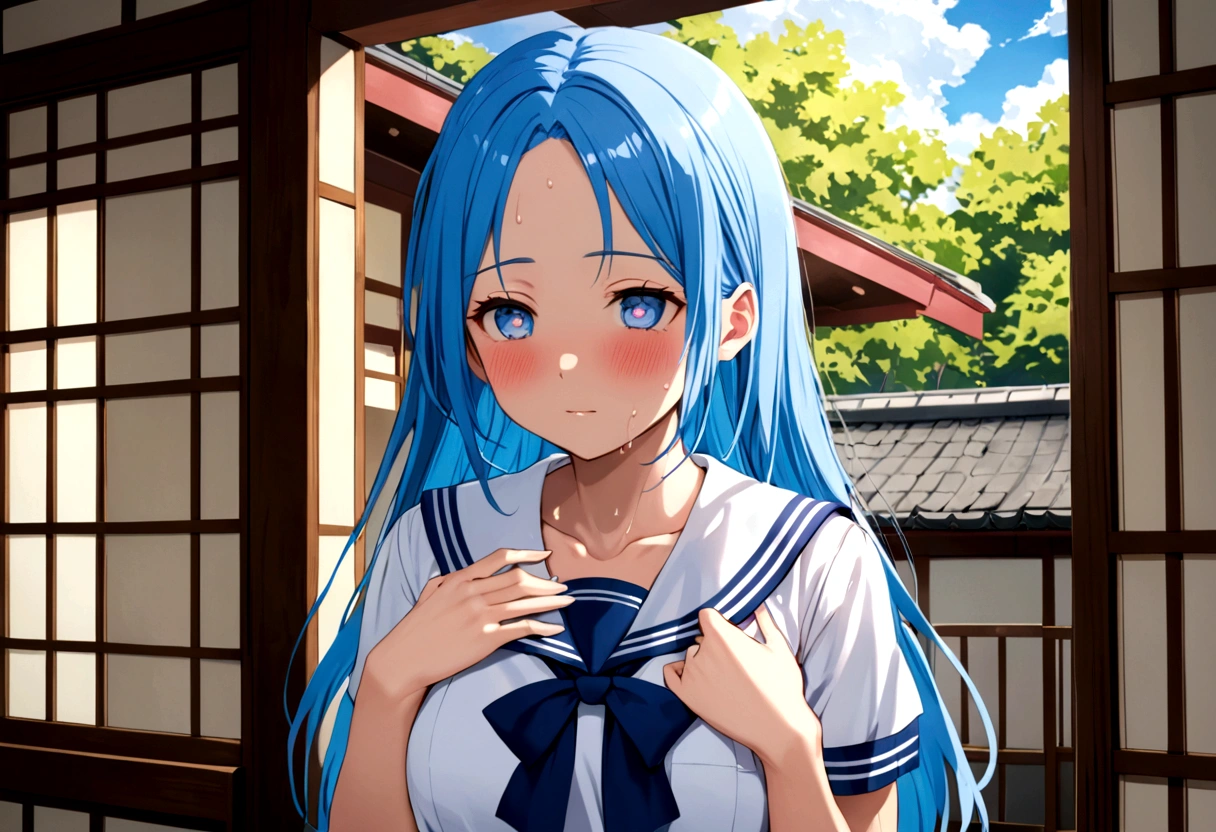 (sweaty skin) (standing, in the Fukuoka hakata city), (pov close up face) (solo:2, 15 yo forehead blue hair long hair panic:1.4 girl), (heart shaped pupils blue eyes), hand put on own chest, in a summer school sailor suit, skirt, BREAK, perfect anatomy, masterpiece, best quality, 16k, beautiful detailed grow, daydreaming expression.