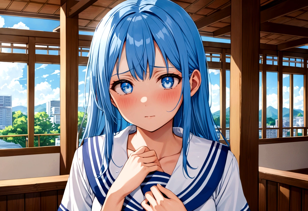 (sweaty skin) (standing, in the Fukuoka hakata city), (pov close up face) (solo:2, 15 yo forehead blue hair long hair panic:1.4 girl), (heart shaped pupils blue eyes), hand put on own chest, in a summer school sailor suit, skirt, BREAK, perfect ???????, masterpiece, best quality, 16k, beautiful detailed grow, daydreaming expression.