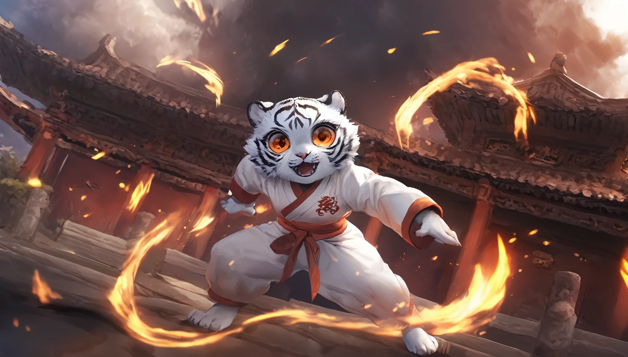 quality\(masterpiece, best quality,8k,wallpaper of extremely detailed CG unit,hight resolution,top-quality,top-quality real texture skin,hyper realisitic,increase the resolution,RAW photos,best qualtiy,highly detailed,the wallpaper\), BREAK ,solo,girl\(white tiger,cute,kawaii,12 years old,white kung-fu uniform ,eye color red,big eyes,eyes burning,dynamic pose,in fight powerful face,sharp teeth,\),background\(outdoor,at front of the chinese temple,momentum atmosphere, tense atmosphere\),anime style,