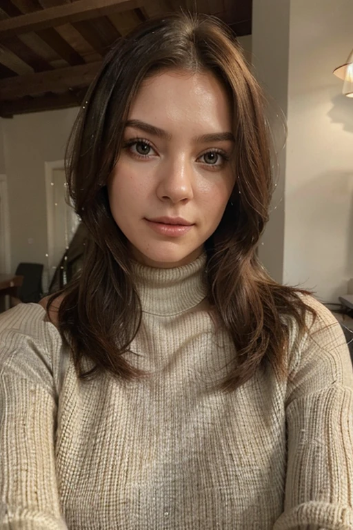 Generate a realistic image of a woman's face selfie. She has European features, dark brown hair, smooth and long, with a soft side bang. The eyes are almond shaped, bluish-green in color, with long, natural eyelashes. The eyebrows are well defined, naturally arched. The nose is small and slightly upturned. Lips are full, natural pink color, with a light lip gloss. The skin is clear and flawless, with a porcelain tone, no visible imperfections.
She is wearing a neutral turtleneck blouse., with hair falling gently over one shoulder. The lighting is soft, highlighting the details of the face in a natural and realistic way, what it would look like in a selfie taken in a well-lit environment.