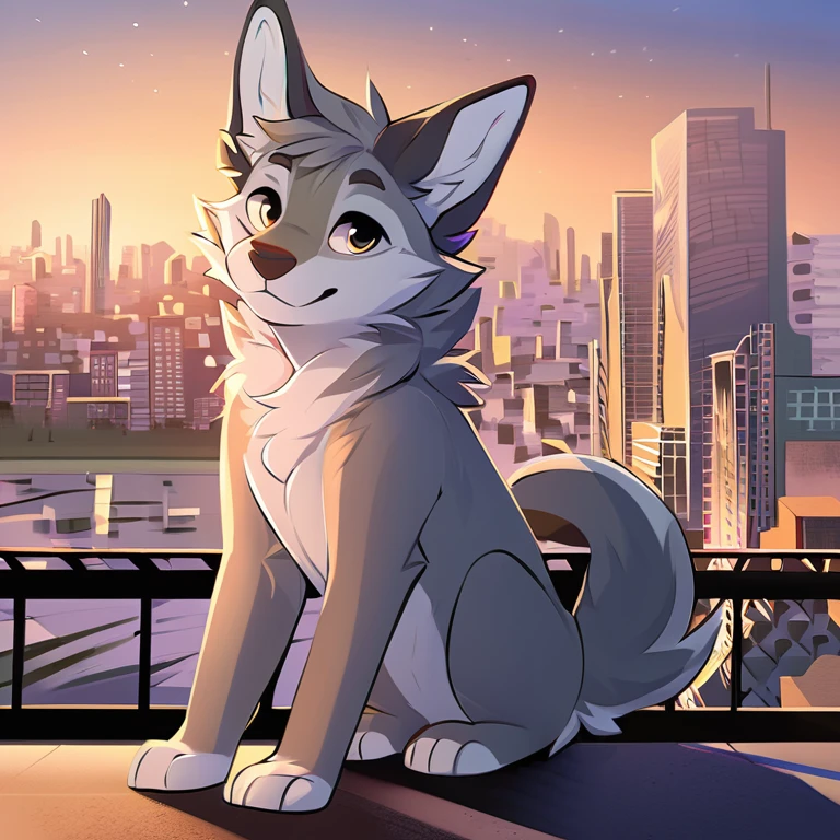 Solo, male, furry art, fursona, ((canine)), (((grey primary fur))), white secondary, (perky ears), cool pose, city background, amazing art, masterfully executed, beautiful background, normal body, paws.