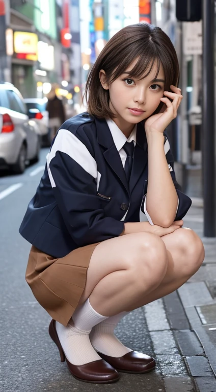 In 8K,Highest quality,The real picture,Intricate details,Ultra-high resolution,Depth Field,Masseter muscle area,Natural soft light,Professional Lighting,One Girl,(cute:1.2),Very beautiful girl,Detailed eyes,((Brown eyes)),(Brown Hair),(Short-haired),(Bans),Perfect Skin,Glowing Skin,White skin,Fine skin,Big ample breasts,((Perfect Anatomy,Nice hands,Perfect hands,Five fingers connected to the palm,Accurate needles without discomfort)),Perfect bare legs,Delicate legs,Perfect Proportions,Sexy,I can see your chest,((Japan Uniform)),((Uniform Mini Skirt)),(tie),Black socks、Brown leather shoes,Lurking deep in the city,I can see your crotch,Show me your panties in the street,Both legs are bent,Legs are spread in an M shape,,I can see your pants,Slender thighs when viewed from the front、Squat、Navy jacket