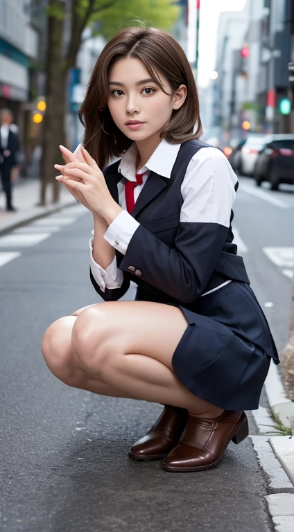 In 8K,Highest quality,The real picture,Intricate details,Ultra-high resolution,Depth Field,Masseter muscle area,Natural soft light,Professional Lighting,One Girl,(cute:1.2),Very beautiful 17 year old girl,Detailed eyes,((Brown eyes)),(Brown Hair),(Short-haired),(Bans),Perfect Skin,Glowing Skin,White skin,Fine skin,Big ample breasts,((Perfect Anatomy,Nice hands,Perfect hands,Five fingers connected to the palm,Accurate needles without discomfort)),Perfect bare legs,Delicate legs,Perfect Proportions,Sexy,I can see your chest,((Japan Uniform)),((Uniform Mini Skirt)),(tie),Black socks、Brown leather shoes,Lurking deep in the city,I can see your crotch,Show me your panties in the street,Both legs are bent,Legs are spread in an M shape,,I can see your pants,Slender thighs when viewed from the front、Squat、Navy jacket