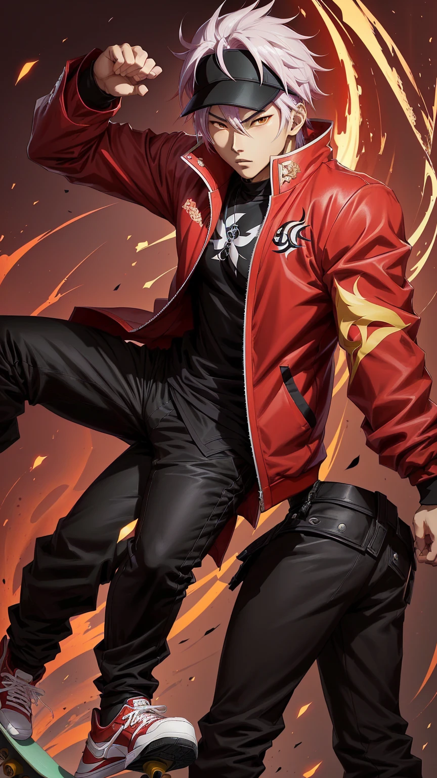 anime character in a red jacket and black pants on a skateboard, inspired by Huang Shen, rossdraws cartoon vibrant, mobile wallpaper, g liulian art style, handsome guy in demon slayer art, in the style of sifu 🔥 😎 🕹️ 👀 :2, king of fighters style, character from king of fighters, by Yang J, heise jinyao