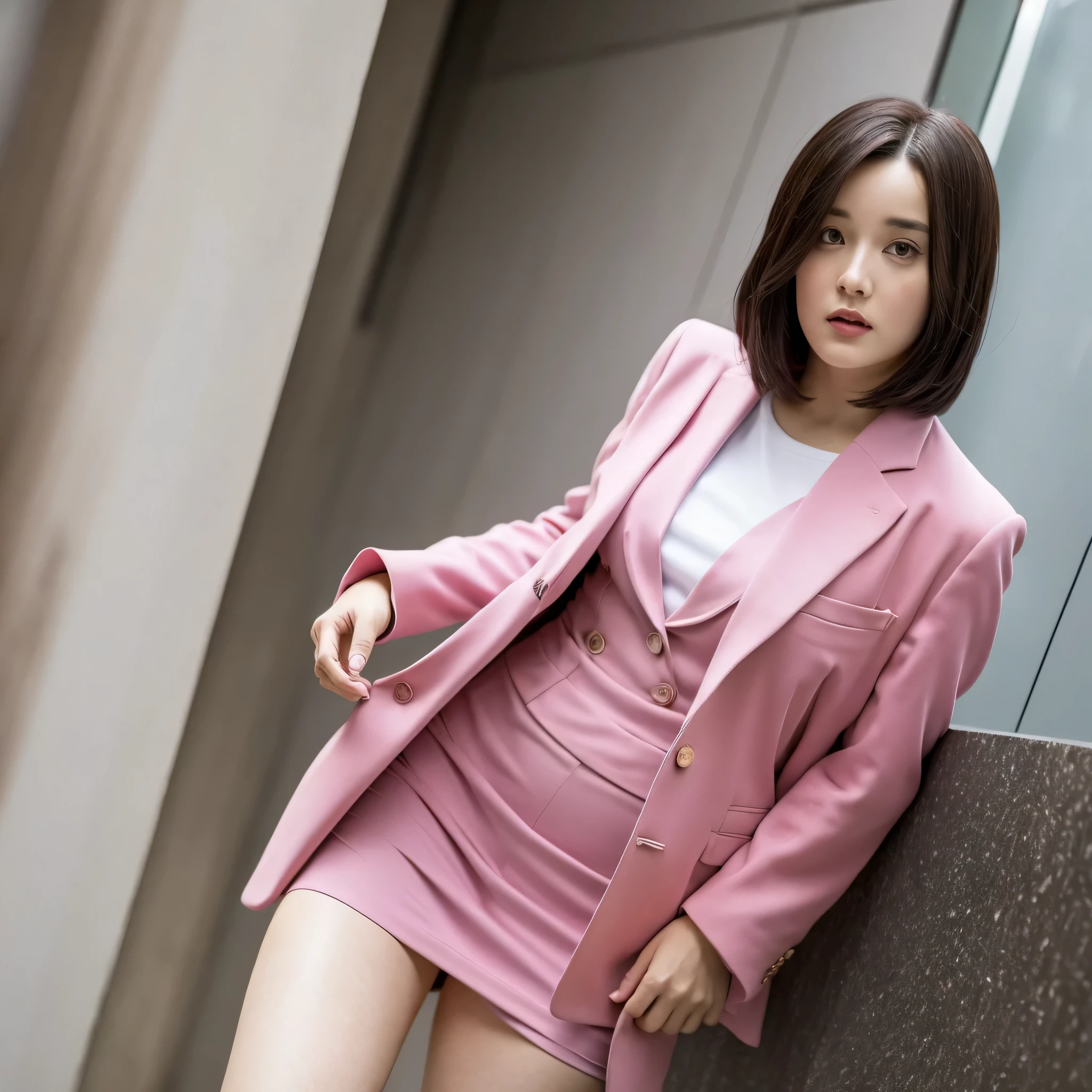 Front view,(1 women),solo,Anne-Marie Alto wear a tight pink suit, tight skirt ,(short skirt),looking at camera,25 years old, (((Anne-Marie Alto))), in the Tokyo city