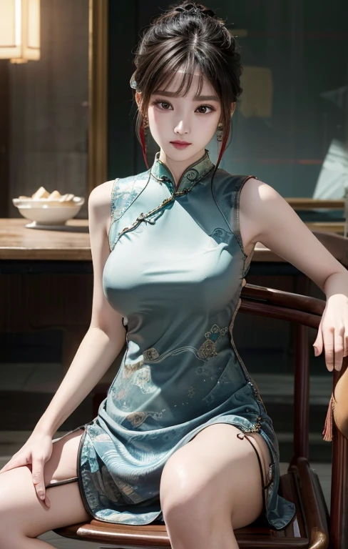 ( masterpiece, Texture_skin, excellent_detail, the best_quality, 1080P, HD, 4K, 8K, 16K), (beautiful_detailed_Eyes, beautiful_detailed_Lips, extremely_detailed_Eyes_and_Face), Soft_light, Physically based_Rendering, vivid_color, (Large target_breast:1.5), (short hair_thin braids_Bun hairstyle),  (shining_hair, shining_skin, Face红), (Bangs:1.5), Eye_reflection, 微lol_and_lol, (sleeveless_cheongsam:1.5) ,(sit on the chair,Spread your legs:1.5)。