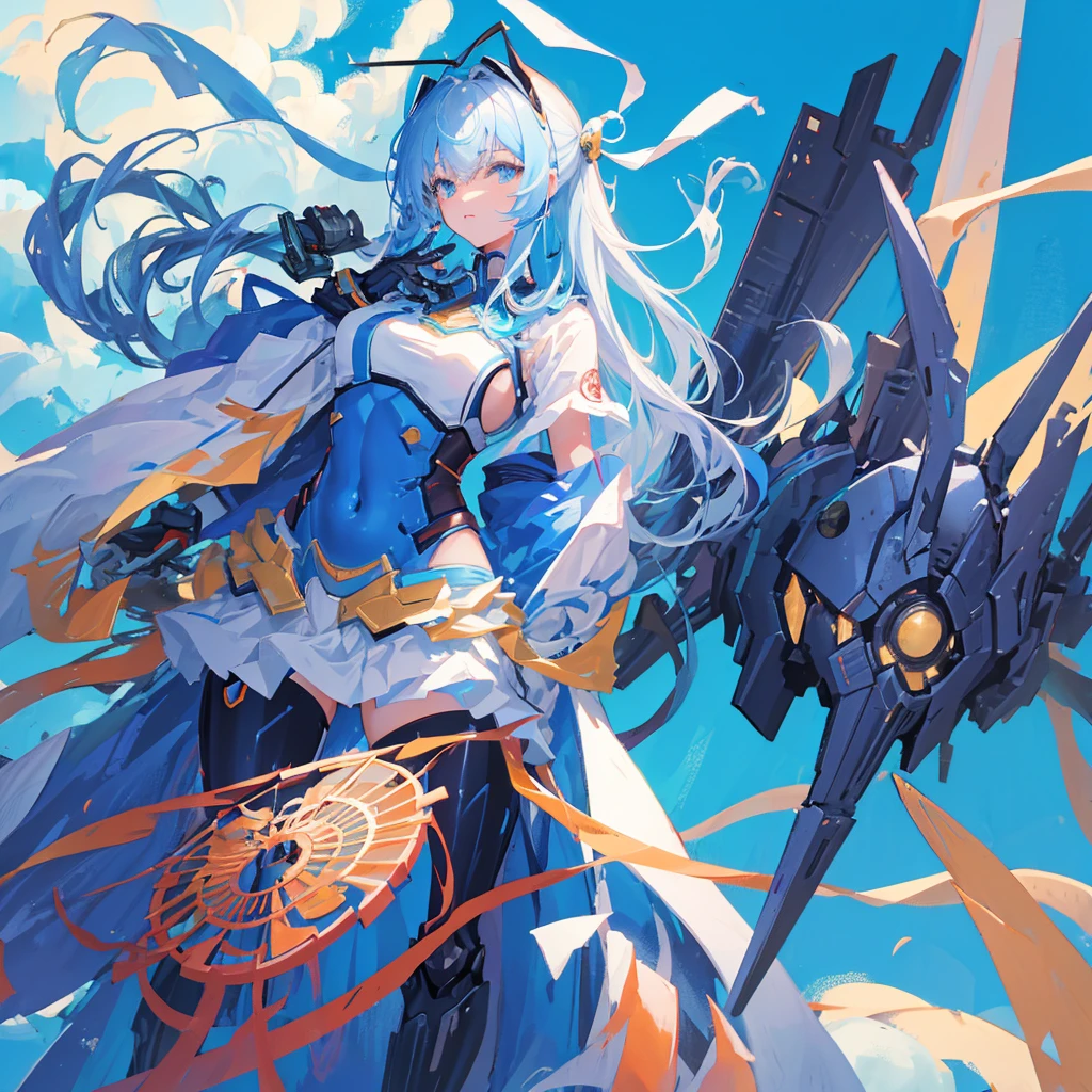 一个蓝白风格的Mecha,Mecha,未来Mecha,((Solid blue background))