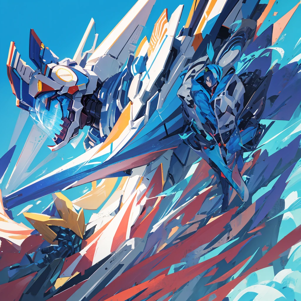 一个蓝白风格的Mecha，Mecha，未来Mecha，((Solid blue background))