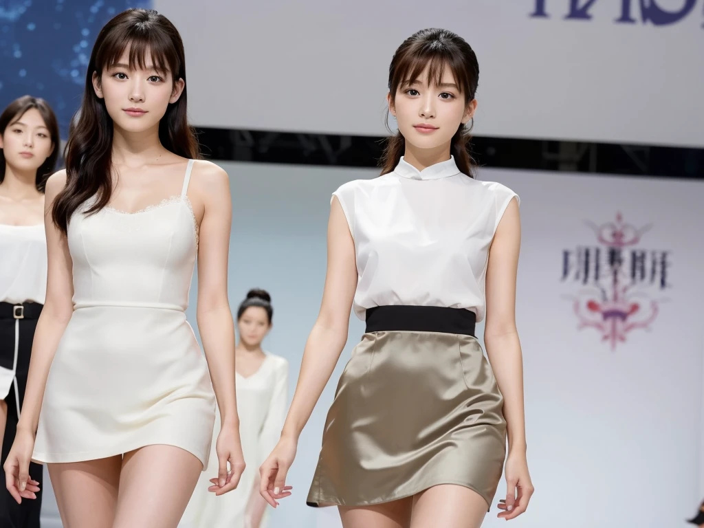 A live-action photo of an extremely beautiful Japanese high school girl race queen who highlights her large breasts and beautiful legs.、Photographed walking down the runway at a fashion show wearing the latest BRADELIS New York lingerie.、She is an eternal idol who combines a clean look with modern charm.。 She creates such beauty。 She feels her own warmth。 She creates a warm atmosphere。 We create beauty。 That's what I want to say。 In her full body photo、The figure features porcelain-like skin and golden hair that radiates a soft glow.。 This is probably、It captured the essence of her timeless charm.、This is the best shot ever.。 Each straight line and curve is carefully expressed.、Breathtakingly beautiful with impeccable detail。 This piece perfectly captures her timeless beauty.。 Divine Proportions、Sharp focus、Full-body photo taken by Kishin Shinoyama、high quality、High resolution、Detailed Background