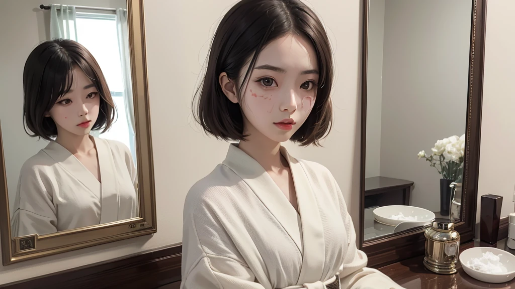 8k resolution, high image quality, real, maiko, woman, young, waiting room, facing the mirror, applying white powder on the face,
