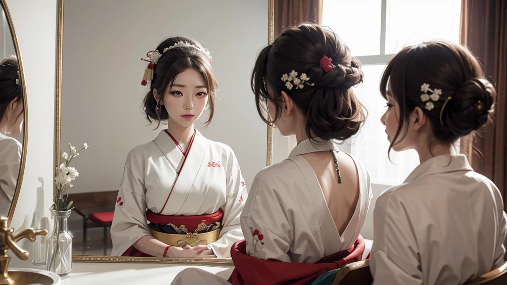8k resolution, high image quality, real, maiko, woman, young, waiting room, facing the mirror, applying white powder on the face,