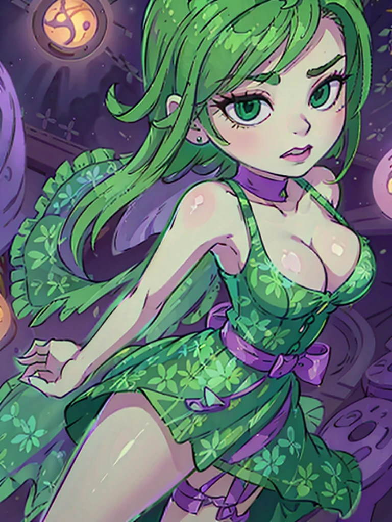 1girl, solo, beautiful girl, green skin, green eyes, big eyes, long eyelashes, green hair, short hair, shiny hair, asymmetrical bangs, asymmetrical hair, medium breasts, green dress, strapless dress, floral print dress, short dress, green belt, purple scarf, looking at viewer, bare arms, bare shoulders, disgust face, narrow waist, big butt, violet lips, lip gloss, makeup, perfect hands, perfect anatomy, dress pull, breasts slip, nipple slip, puffy nipples, cleavage, topless, partially undressed, partially naked, breasts focus, purple background, round windows, inside, from side,