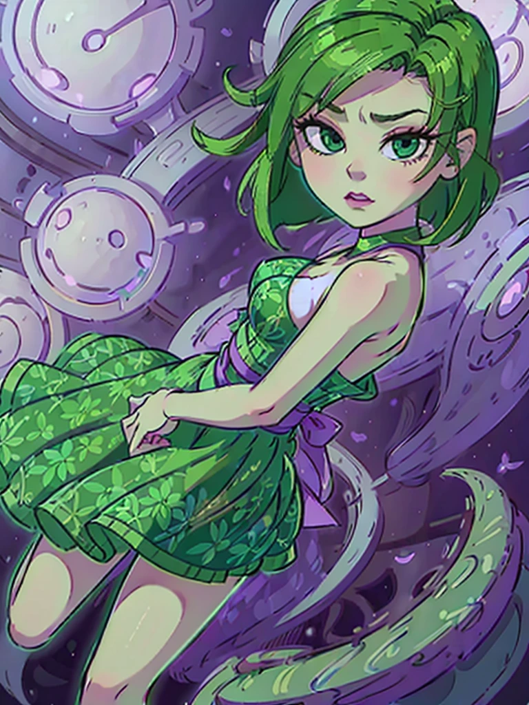 1girl, solo, beautiful girl, green skin, green eyes, big eyes, long eyelashes, green hair, short hair, shiny hair, asymmetrical bangs, asymmetrical hair, medium breasts, green dress, strapless dress, floral print dress, short dress, green belt, purple scarf, looking at viewer, bare arms, bare shoulders, disgust face, narrow waist, big butt, violet lips, lip gloss, makeup, perfect hands, perfect anatomy, dress pull, breasts slip, nipple slip, puffy nipples, cleavage, topless, partially undressed, partially naked, breasts focus, purple background, round windows, inside, from side,