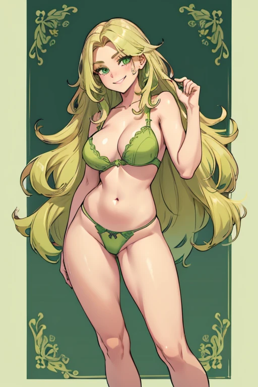 female, blonde long hair, green eyes, (((1girl))), (((light green panties))), (light green panties), cute and sexy, full body, large breasts, large butt, long legs, smiling