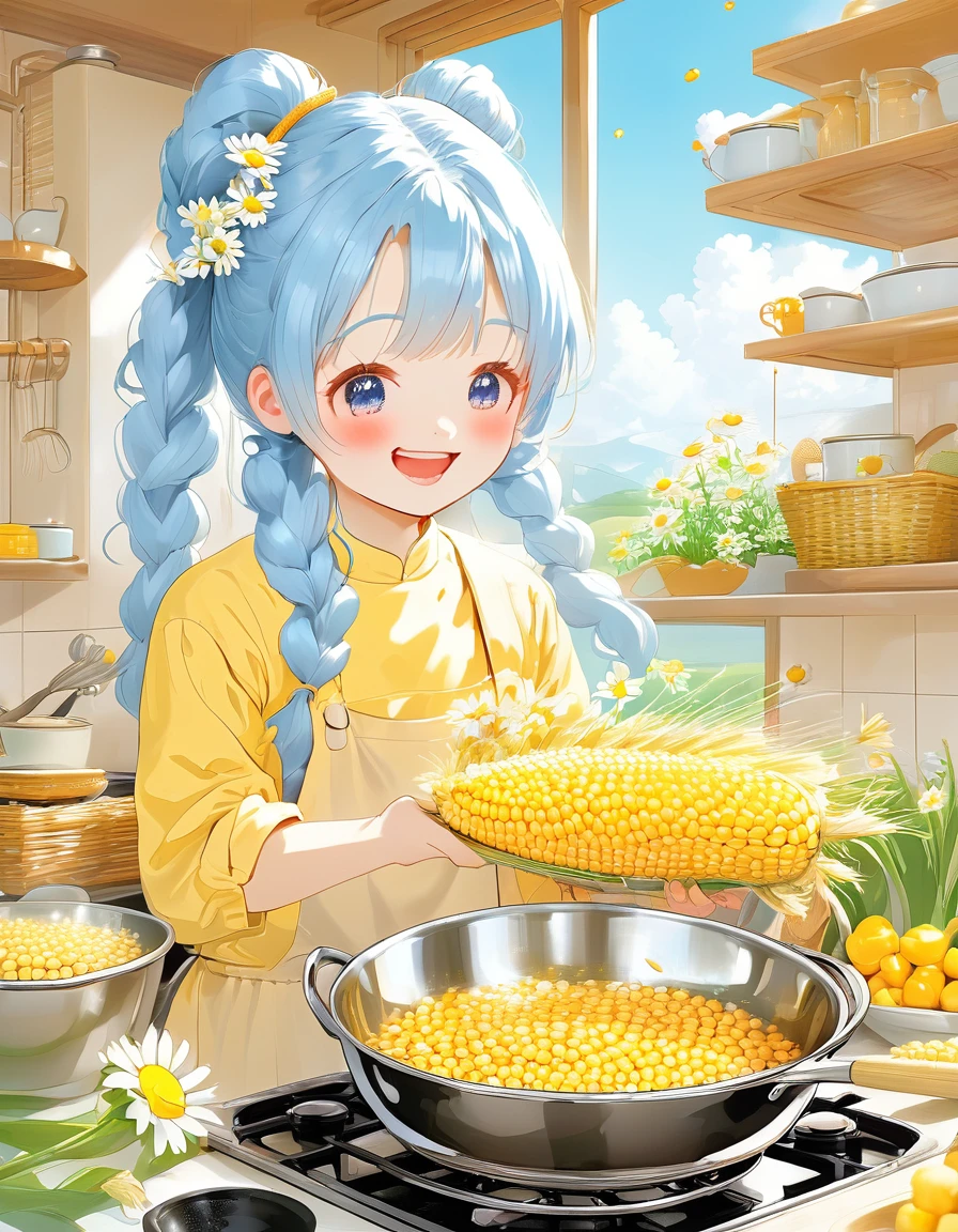 A kitchen decorated with lots of daisies、The corn is piled in a basket、Light blue long hair、beautiful girl with twin tails、Smiling while cooking corn dishes、The girl is holding corn、Kitchen bathed in morning sun