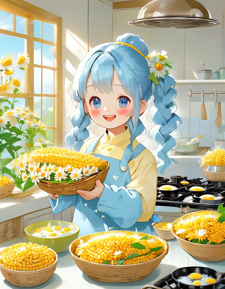 A kitchen decorated with lots of daisies、The corn is piled in a basket、Light blue long hair、beautiful girl with twin tails、Smiling while cooking corn dishes、The girl is holding corn、Kitchen bathed in morning sun