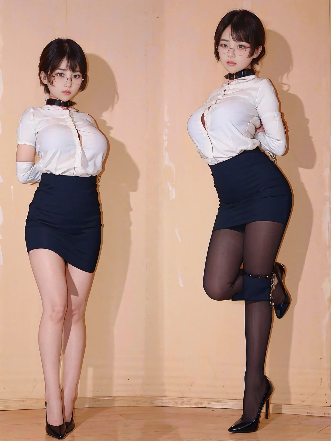 photorealistic,and sharp focus,Highly detailed, masterpiece, ultra-detailed, illustration, best quality,stand side by side,Full body,((2 girls)),(A girl faces forward)),((The other girl is facing backwards)),bangs, glasses, bob cut,BDSM, blush,black collar,arms behind back,bondage,neck lock in a black collar,hands behind her back in an anti-prayer postur,wrist attached to her collar with a piece of chain , Large window, City view outside window, white shirt, breasts apart,jewelry, ((huge breasts)),Black long pencil skirt, black stiletto heels