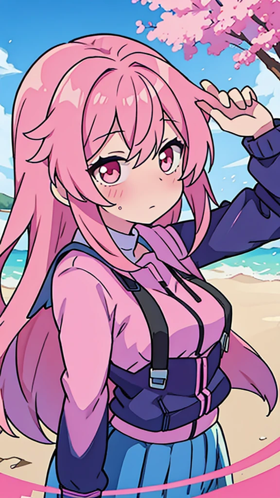 Anime girl with pink hair taking pictures with cellphone, flustered