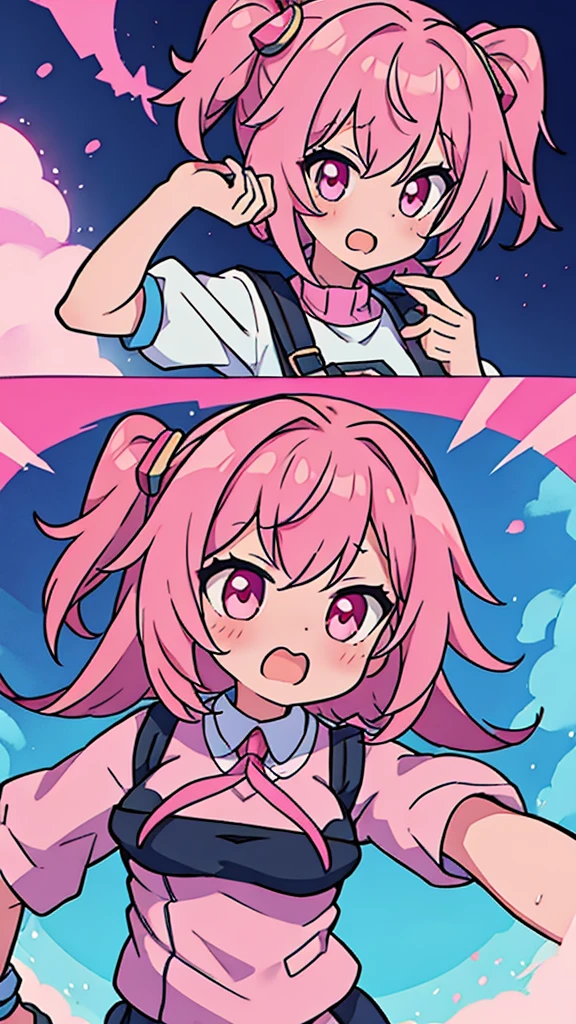 Anime girl with pink hair taking pictures with cellphone, flustered