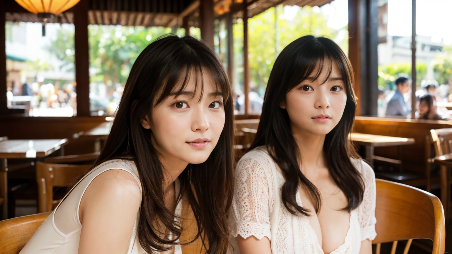 Ultra-realistic、High resolution、High resolution8Kフォトリアリスティック画像。Scenes of Japanese sisters who look completely different。My sister is big, Beautiful Face, Long black hair.、Kind eyes、Elegant atmosphere。my sister is short、Has short brown hair.、Lively expressions、She has a baby face and big breasts、Wearing sexy casual clothes.。In the background, warm natural light pours in from a cafe in Da Nang, Vietnam.。Both facial details are clearly visible.、If so、everyone'Individuality。Create photo book-like page layouts。Expressing detailed human skin texture:1.34