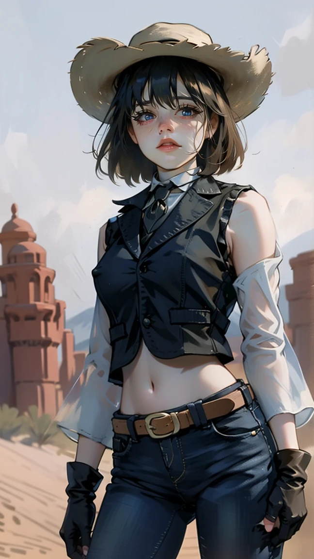 1girl, cowboy hat, naked breasts, hard pink nipples, ((open vest)), green vest, no sleeves, navel, blue jeans, brown boots, fingerless gloves, short gloves, slight smile, short hair, blonde hair, parted bangs, white eyes, mole under right eye, wild West background, sunny desert background, belt, best quality, masterpiece