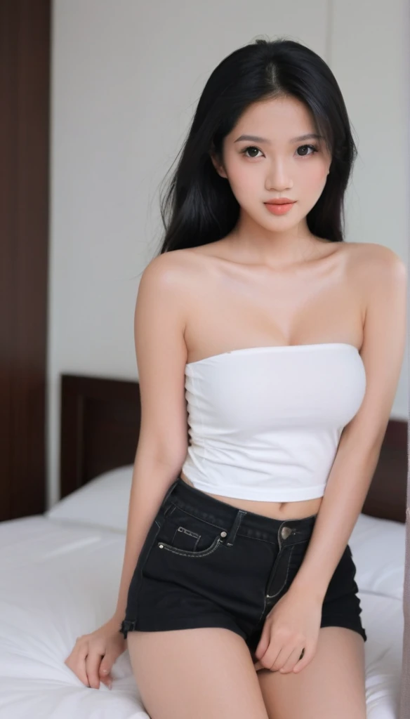 close-up of beautiful Indonesian, Amanda Manopo is a Indonesian actress and model, age 24 years old girl, youthful face, perfect body, white body skin, very long hair, black hair, straight hair, 38 inches breasts size, wearing a plain standard white strapless tube top, wearing a tight plain dark black denim shorts, Manopo's clothes were cut off by my boyfriend using scissors from the short-sleeved t-shirt to the tube top to make Manopo sigh and tease, strand by strand Manopo's clothes fell because they had been cut, the rest of Manopo's clothes were scattered at the bottom because they had been cut, Manopo's clothes showed off her breasts because they were cut off by my boyfriend so that they looked more sexy and seductive, sexy looking pose, pose a naughty look, pose looks seductive, at the boyfriend bedroom, boyfriend bedroom background, UHD