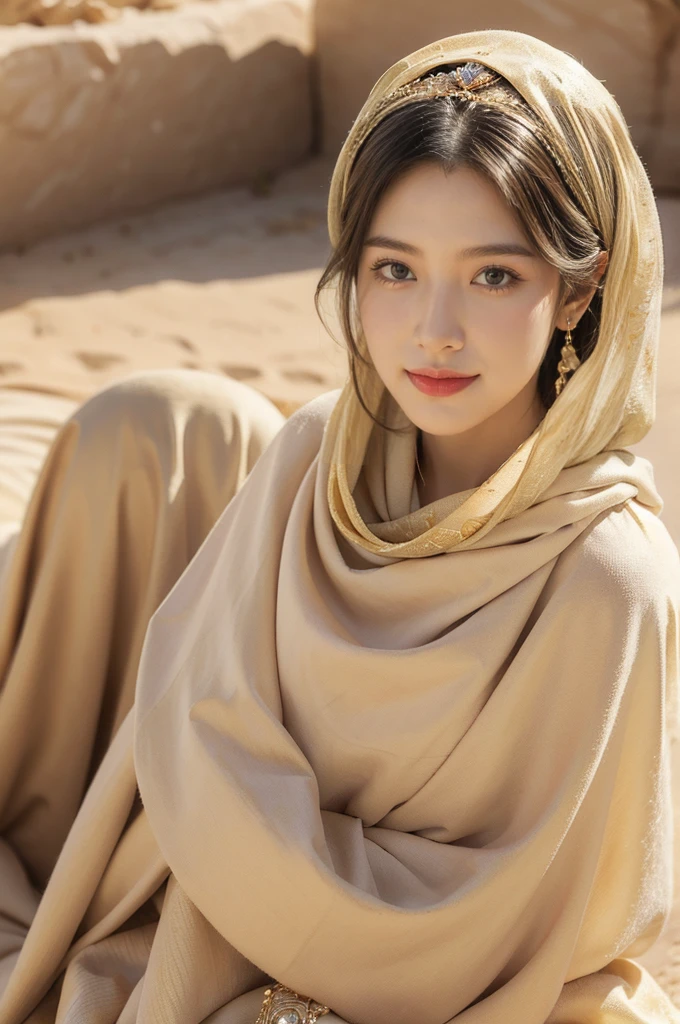 (((best quality))),(((ultra detailed))),(((masterpiece))),illustration,1girl, princess, Arabic, palace, desert, gold, gemstones,headscarf, traditional clothing, hairband, deep eyes, elegant face, subtle smile, sunlight, shining, serene, environment, illustration