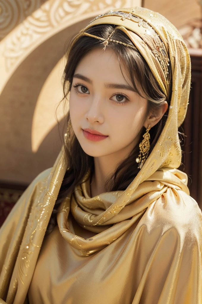 (((best quality))),(((ultra detailed))),(((masterpiece))),illustration,1girl, princess, Arabic, palace, desert, gold, gemstones,headscarf, traditional clothing, hairband, deep eyes, elegant face, subtle smile, sunlight, shining, serene, environment, illustration