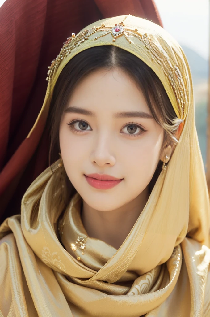 (((best quality))),(((ultra detailed))),(((masterpiece))),illustration,1girl, princess, Arabic, palace, desert, gold, gemstones,headscarf, traditional clothing, hairband, deep eyes, elegant face, subtle smile, sunlight, shining, serene, environment, illustration
