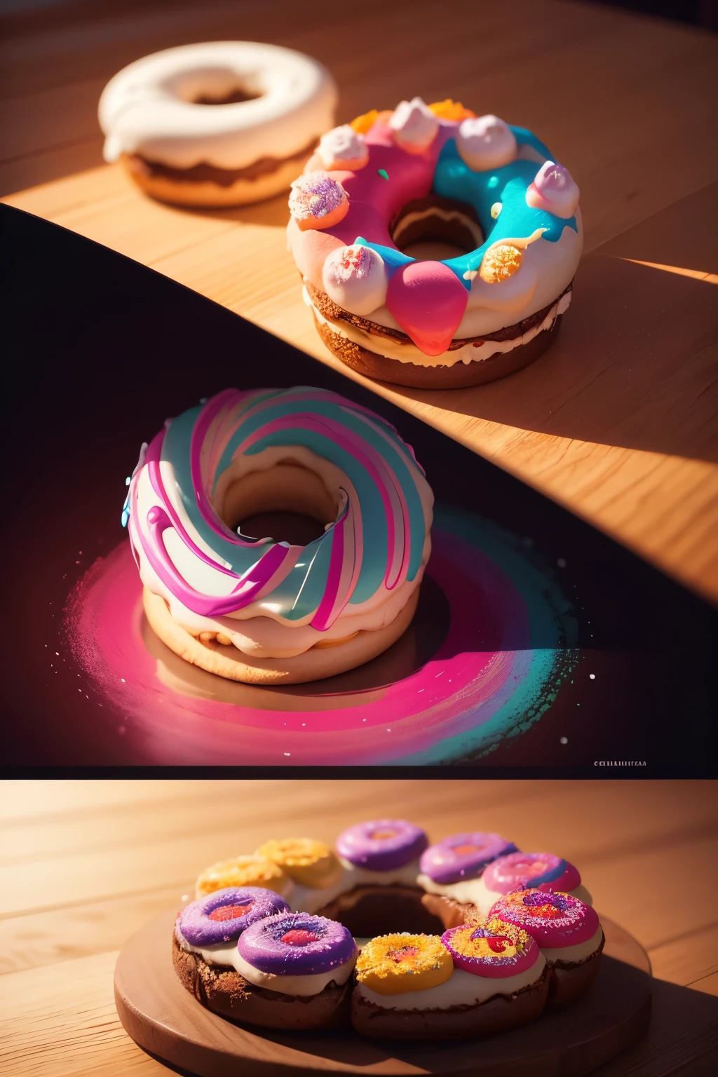 Logo with the name FikFeliz! with images of colorful donuts and brownies, chiaroscuro, cinematic lighting, drop shadow, Fujicolor, Impressionism, Contemporary art