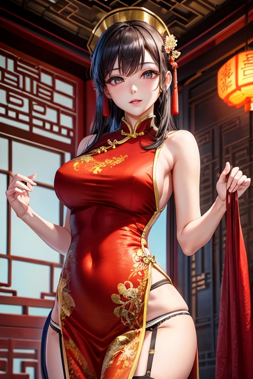 high resolution, adult woman , good lighting, Negligible, , (no nudity), (((chinese dress))), (()), ((())), (garter belt), abdomen only, (), , Beautiful face, I'I'm embarrassed and blushing, humiliating, ((turn around and look back)), ((Transparent))()(T-back)(there is a large amount in the body,)