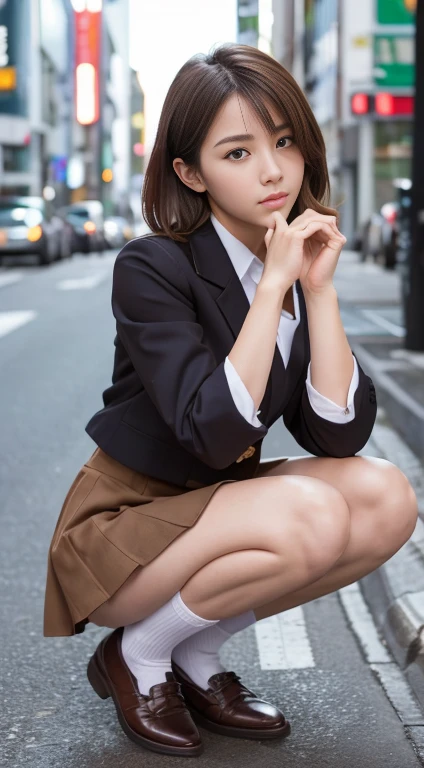 In 8K,Highest quality,The real picture,Intricate details,Ultra-high resolution,Depth Field,Masseter muscle area,Natural soft light,Professional Lighting,One Girl,(cute:1.2),Very beautiful 17 year old girl,Detailed eyes,((Brown eyes)),(Brown Hair),(Short-haired),(Bans),Perfect Skin,Glowing Skin,White skin,Fine skin,Big ample breasts,((Perfect Anatomy,Nice hands,Perfect hands,Five fingers connected to the palm,Accurate needles without discomfort)),Perfect bare legs,Delicate legs,Perfect Proportions,Sexy,I can see your chest,((Japan Uniform)),((Uniform Mini Skirt)),(tie),Black socks、Brown leather shoes,Lurking deep in the city,I can see your crotch,Show me your panties in the street,,Legs are spread in an M shape,,I can see your pants,Slender thighs when viewed from the front、Squat、Navy jacket