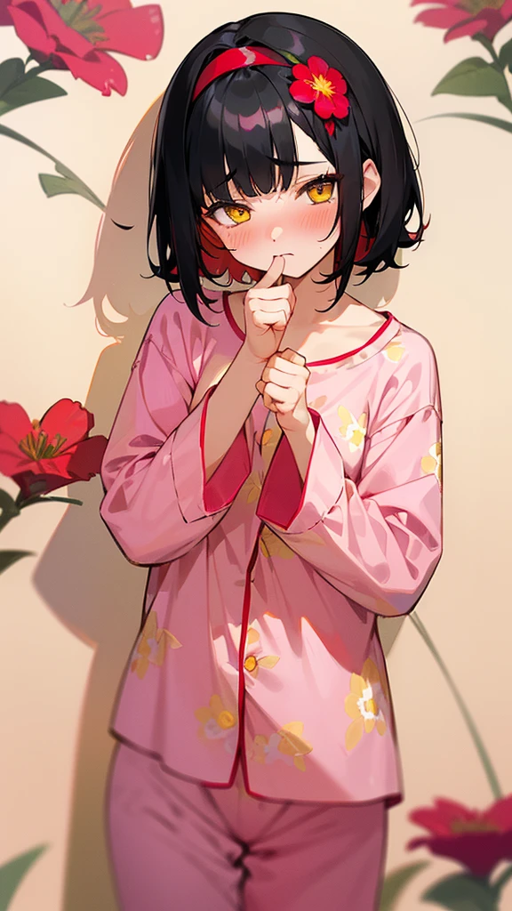 She has caught a cold and has a fever, and she seems to be feeling unwell.
girl ((short Black hair, age15, red flower hairpiece, yellow eyes, pink pajamas, blush, shy) )Beautiful and fantastic image,