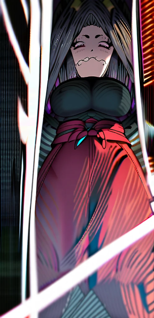 Samurai woman with gigantic round breast that are twice the size of her head, she has extremely wide hips, she wears a long dark hakama that covers her body, holding katana, she has a serious look on her face, ready for battle