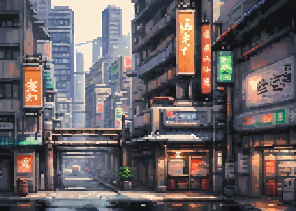 pixel art painting of a viaduct in the city of shinjuku in Japan, in high quality