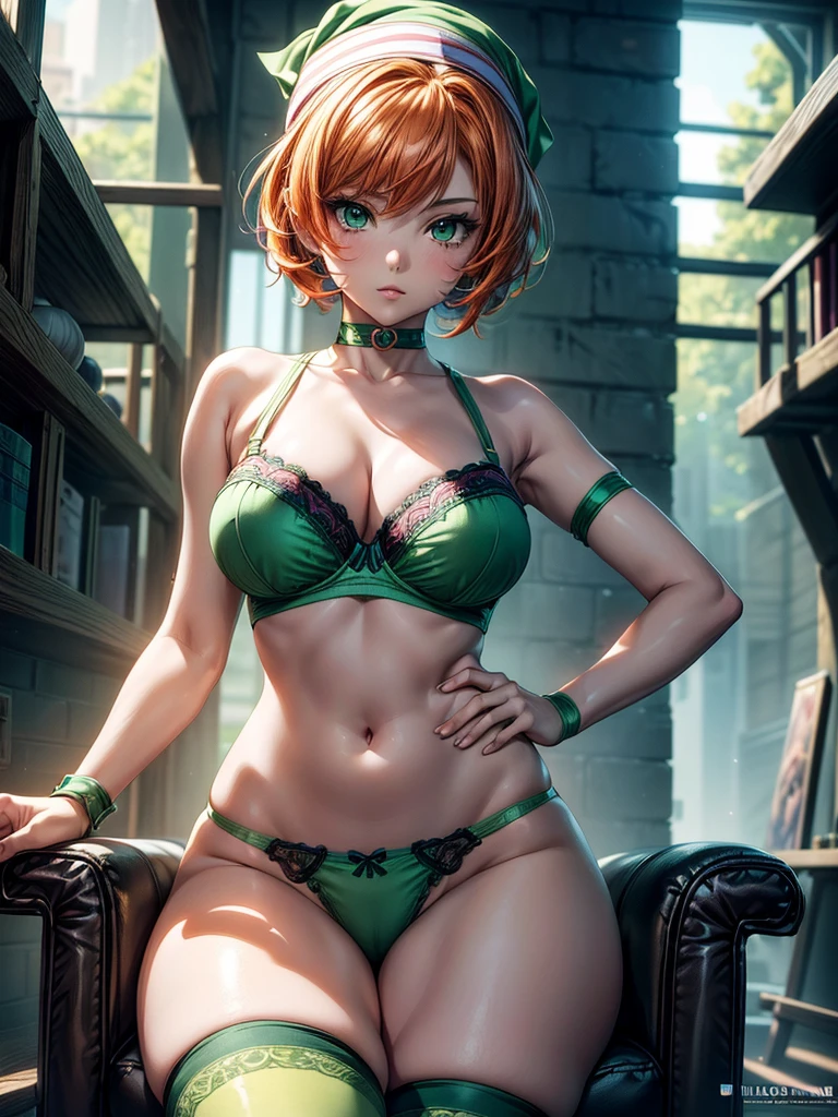 (masterpiece)(8k)(cute)(20-year old woman)(1girl:1.5)(from below:1.3)(full body:1.5)(throne:1.5)(solo:1.8)(wild hair:1.3)(short hair:1.3)(orange hair)(shiny hair:1.2)(white bandana:1.4)(small breasts:1.6)(green pupils:1.4)(glossy skin:1.4)(glossy lips)(smug expression:1.4)(green camisole:1.6)(fingers pulling on bra strap:1.4)(pink underwear:1.3)(knee high socks:1.5) rossdraws pastel vibrant, rossdraws cartoon vibrant, style anime 8k, beautiful portrait, artgerm colorful!!!, ! dream artgerm, beautiful anime girl, styled digital art, art wallpaper 8k, digital art, extremely detailed artgerm,