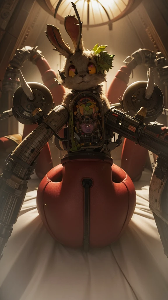 Springtrap, a contagion mechanical rabbit all torn apart with little blood and a human body trapped inside it.