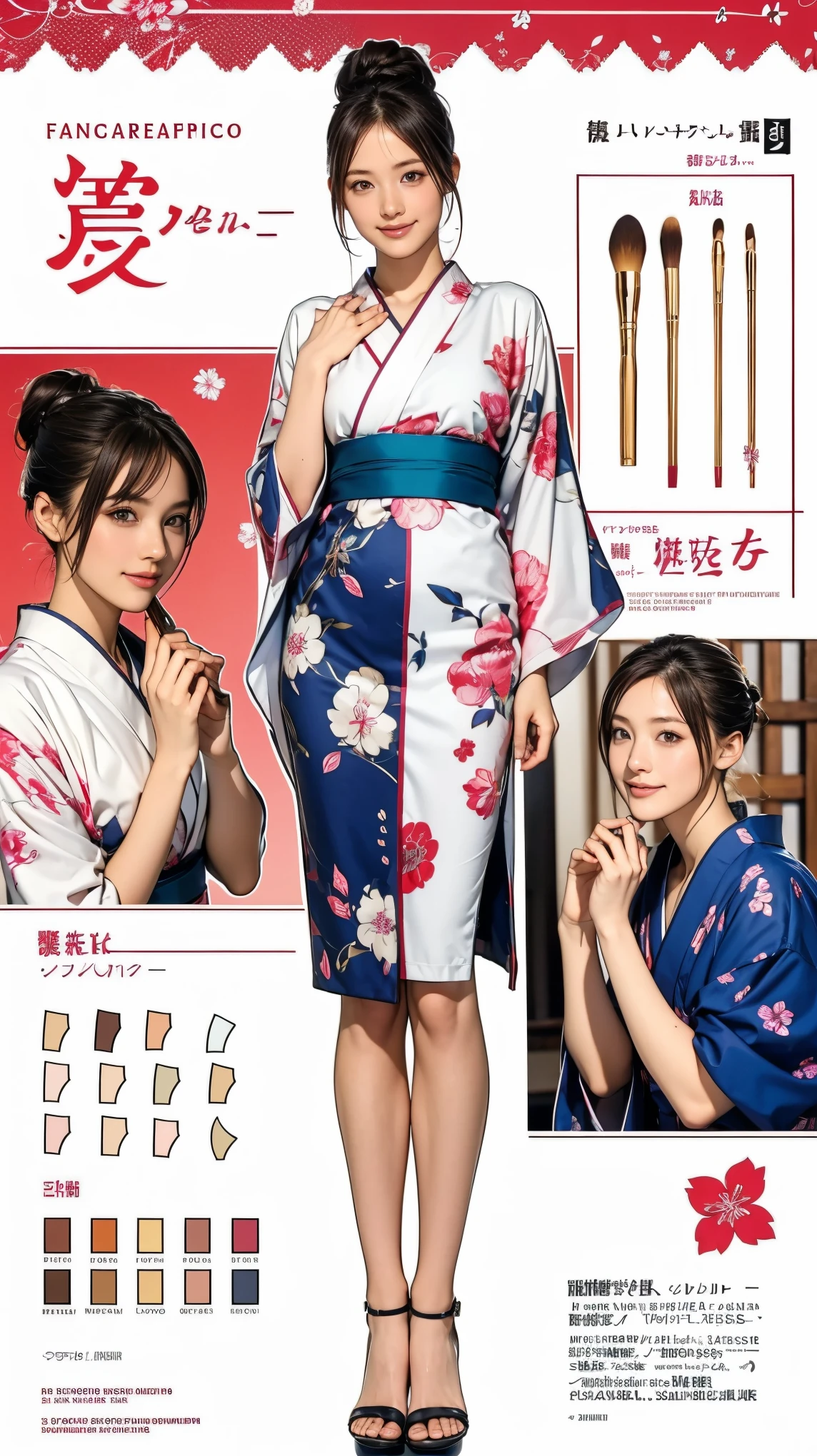 ((masterpiece)),(((Highest quality))),((Character design sheet)),Thin thighs,Long legs,Japanese Yukata:1.5,Stylish sandals:1.5,The best smile:1.5,Full Body Shot:1.5,Fireworks background:1.5,Flashy makeup with red eyeshadow:1.5,Bun Hair:1.5,Have a fan:1.5,