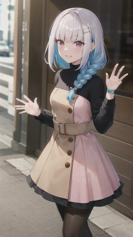 masterpiece, best quality, highres, Lize Helesta, hairclip, braid, pantyhose, long hair, brown dress, wristwatch, long sleeves, turtleneck sweater, jewelry, black pantyhose, floral print, hair over shoulder, pink dress, black sweater, cowboy shot, standing, outdoors, street, smile, waving,