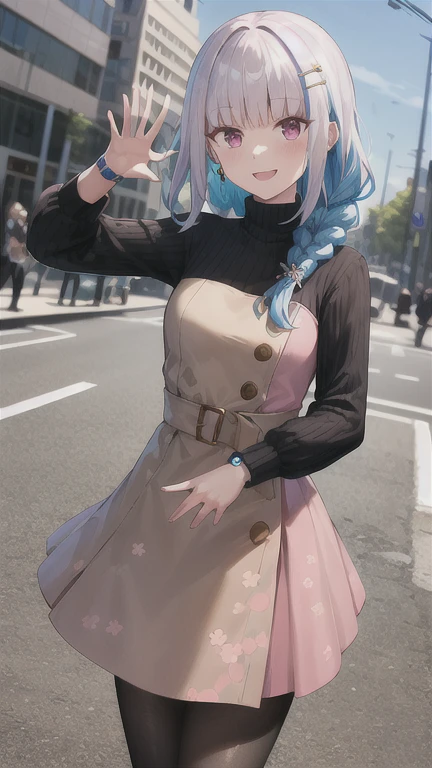 masterpiece, best quality, highres, Lize Helesta, hairclip, braid, pantyhose, long hair, brown dress, wristwatch, long sleeves, turtleneck sweater, jewelry, black pantyhose, floral print, hair over shoulder, pink dress, black sweater, cowboy shot, standing, outdoors, street, smile, waving,