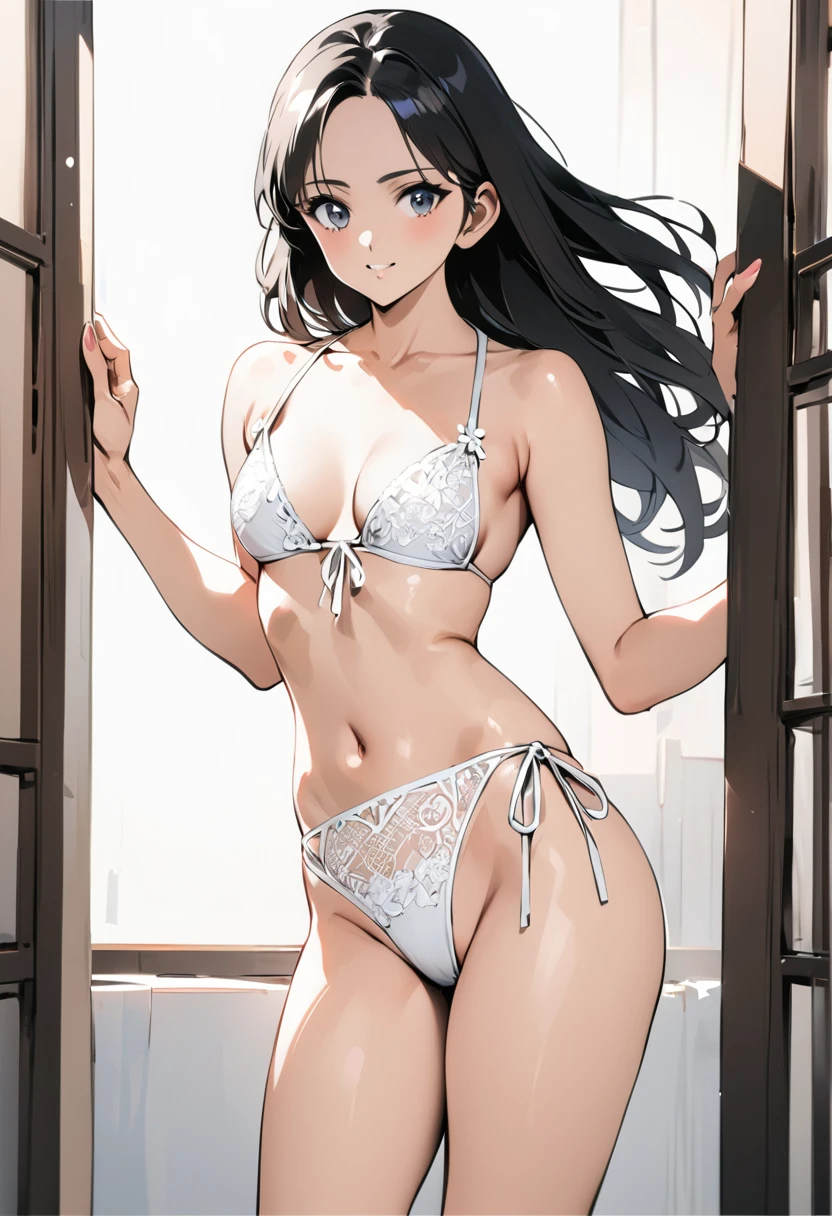 ((Top quality, masterpiece, freak, super resolution)), 1 girl, Japanese model,,Smooth black hair,A woman is wearing a provocative (balconette bikini top) with a white base color and light pink accents. The bikini top features intricate lace covering the cups with floral designs. White frills trim the edges, adding elegance. The shoulder straps are adorned with small ribbons. She pairs this with a matching (string bikini bottom) that has the same white base and light pink accents, with lace and floral designs on the front. The thin side ties enhance the sexy and erotic appeal of the swimsuit. This ensemble emphasizes her sexy and sophisticated look, making it perfect for a bold statement.