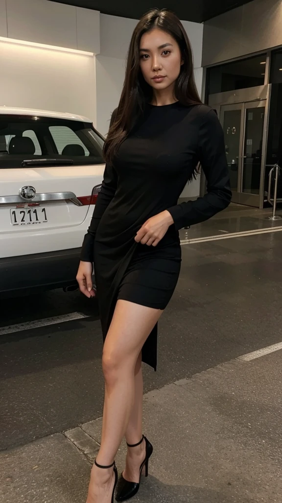 30 year old brunette woman, Asian, with tight black dress, full body