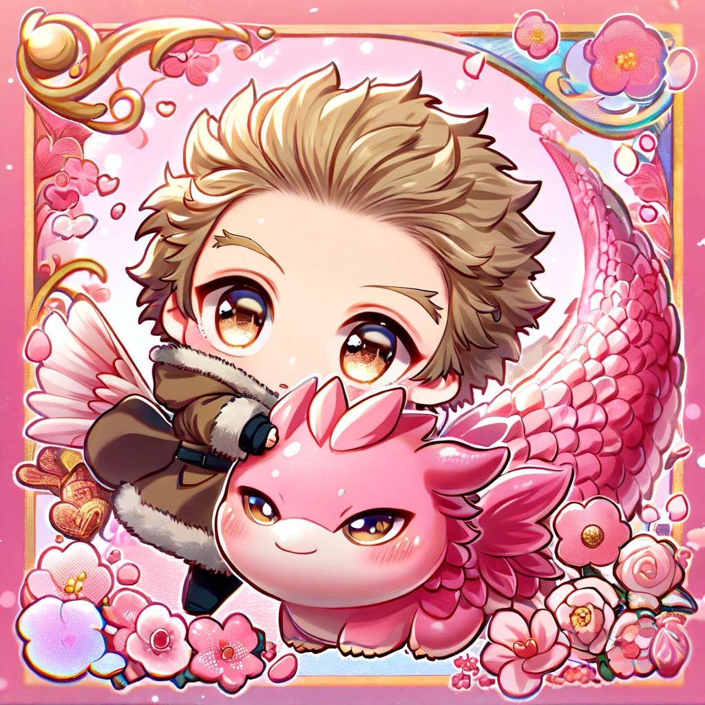 absurdres, highres, ultra detailed, HDR, master piece, Hawks chibi, brown-blond hair, expressive brown-golden eyes, brown coat with fur, black gloves, Boku No Hero Academia, cute, best quality, blossoms, pink petals, pink flowers, fantasy, magical, solo, pink background, hugging a pink dragon, black shirt, love,