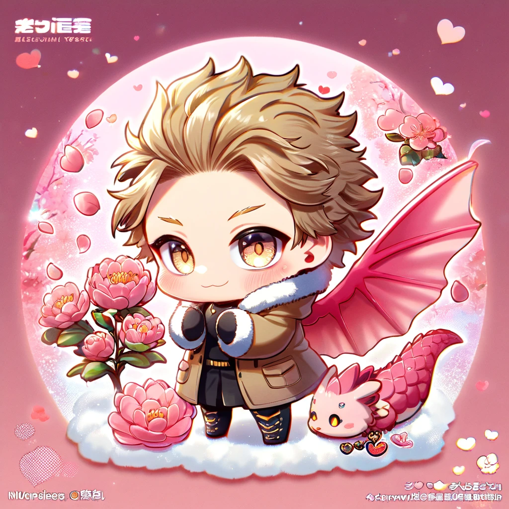 absurdres, highres, ultra detailed, HDR, master piece, Hawks chibi, brown-blond hair, expressive brown-golden eyes, brown coat with fur, black gloves, Boku No Hero Academia, cute, best quality, blossoms, pink petals, pink flowers, fantasy, magical, solo, pink background, hugging a pink dragon, black shirt, love,