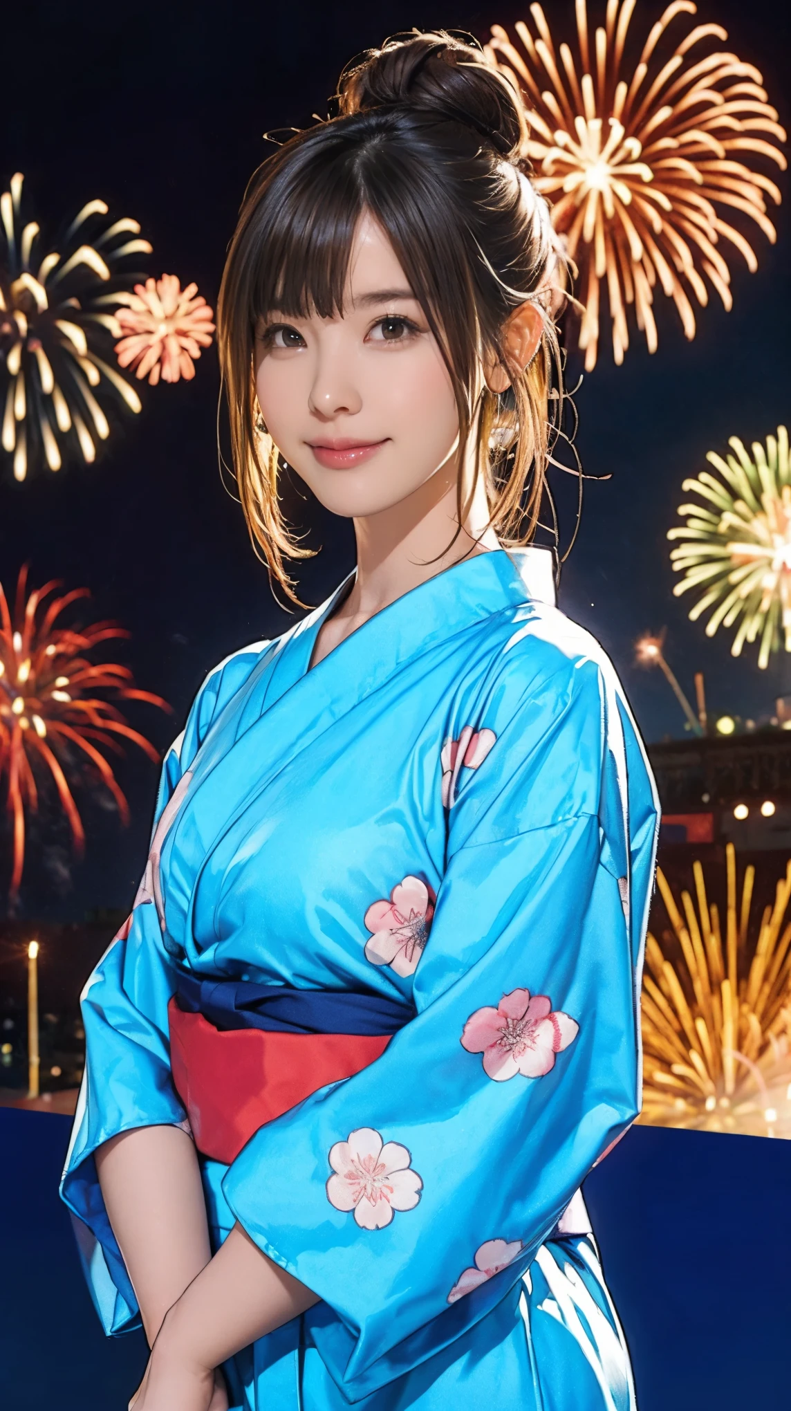 ((masterpiece)),(((Highest quality))),((Character design sheet)),A Japanese yukata with a bright floral and flower pattern in a combination of light blue and navy blue.:1.5，Stylish sandals:1.5，The best smile:1.5，Upper Body Shot:1.5，Night fireworks background:1.5，Flashy makeup with red eyeshadow:1.5，Bun Hair:1.5，