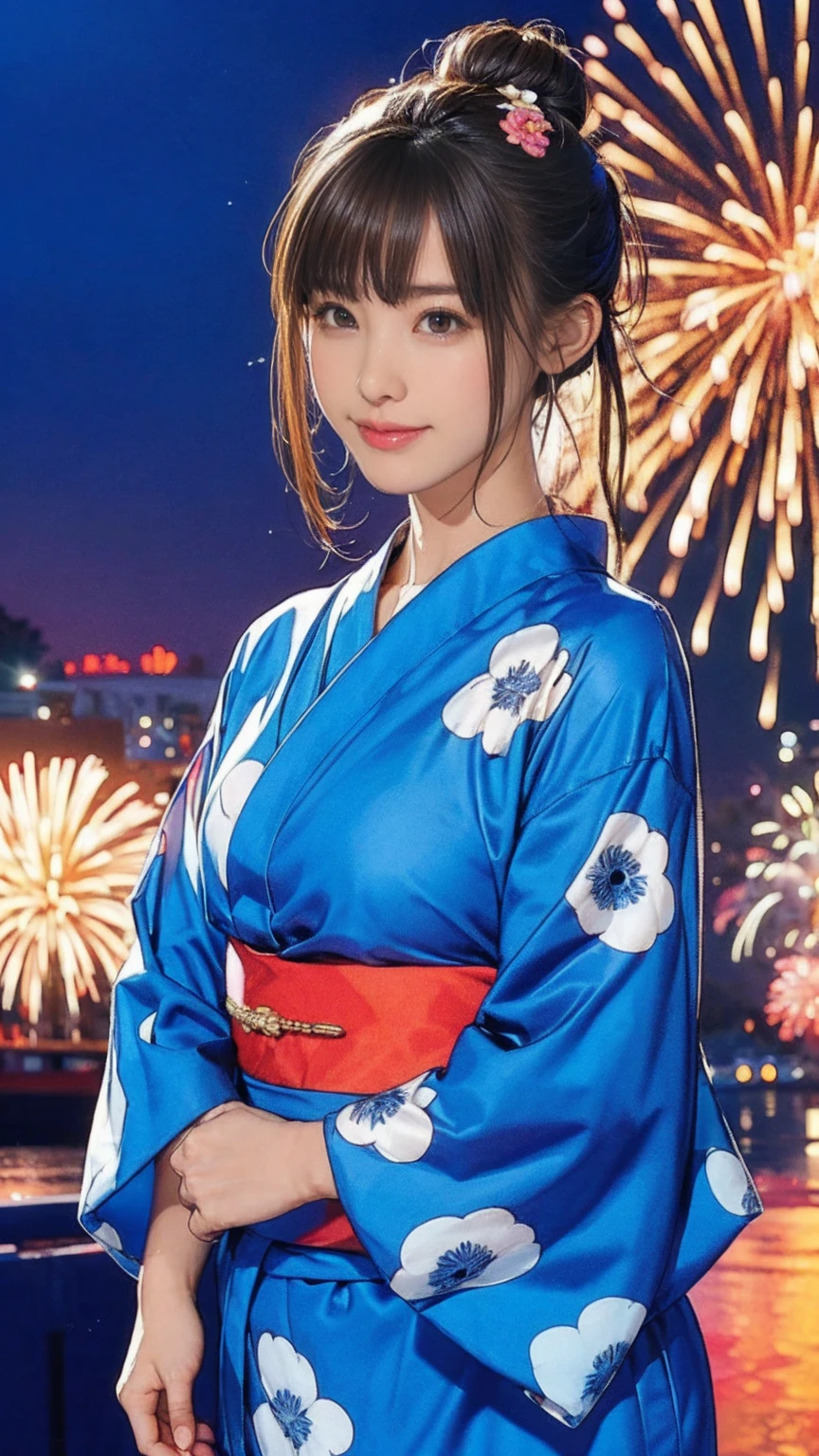 ((masterpiece)),(((Highest quality))),((Character design sheet)),A Japanese yukata with a bright floral and flower pattern in a combination of light blue and navy blue.:1.5，Stylish sandals:1.5，The best smile:1.5，Upper Body Shot:1.5，Night fireworks background:1.5，Flashy makeup with red eyeshadow:1.5，Bun Hair:1.5，