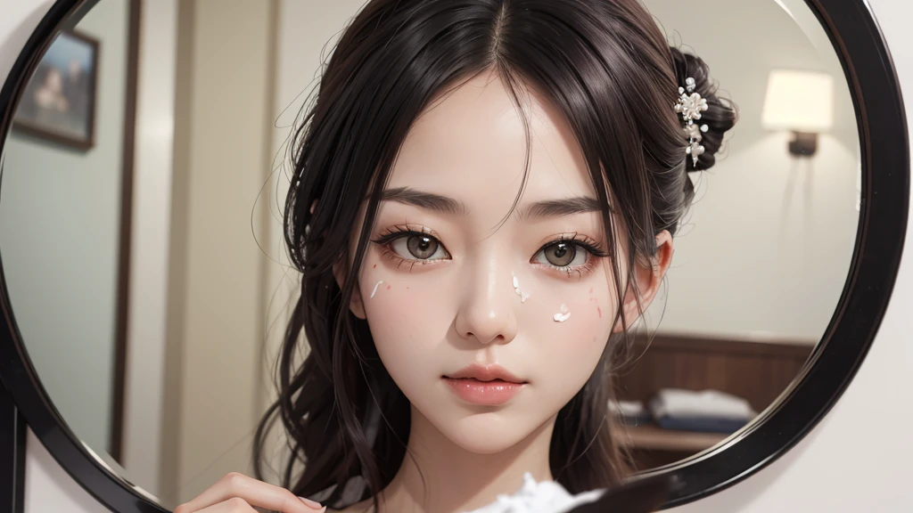 8k resolution, high image quality, real, maiko, woman, young, waiting room, facing the mirror, applying white powder on the face,