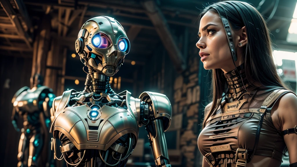 there are two robots that are standing next to each other, machines and futurist robots, death and robots, robot cyborgs, dieselpunk cyborgs, cyber steampunk 8 k 3 d, humanoid robots, still from alita, movie still of aztec cyborg, futuristic robots, from a 2 0 1 9 sci fi 8 k movie  